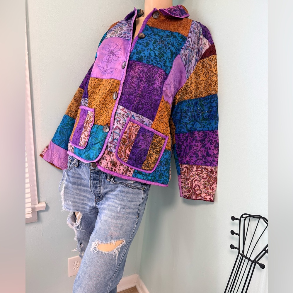 💫Vibrant Vintage Handmade Colorful Fairycore Floral Paisley Patchwork Jacket - Picture 13 of 14